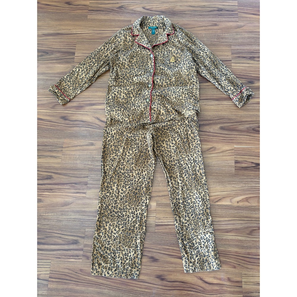 Lauren Ralph Lauren leopard print 2 piece long sleeve pajama pants large crest